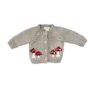 Huggalugs Mushroom Chunky Knit Cardigan Gray Red 6-12M Hand Made Baby Sweater